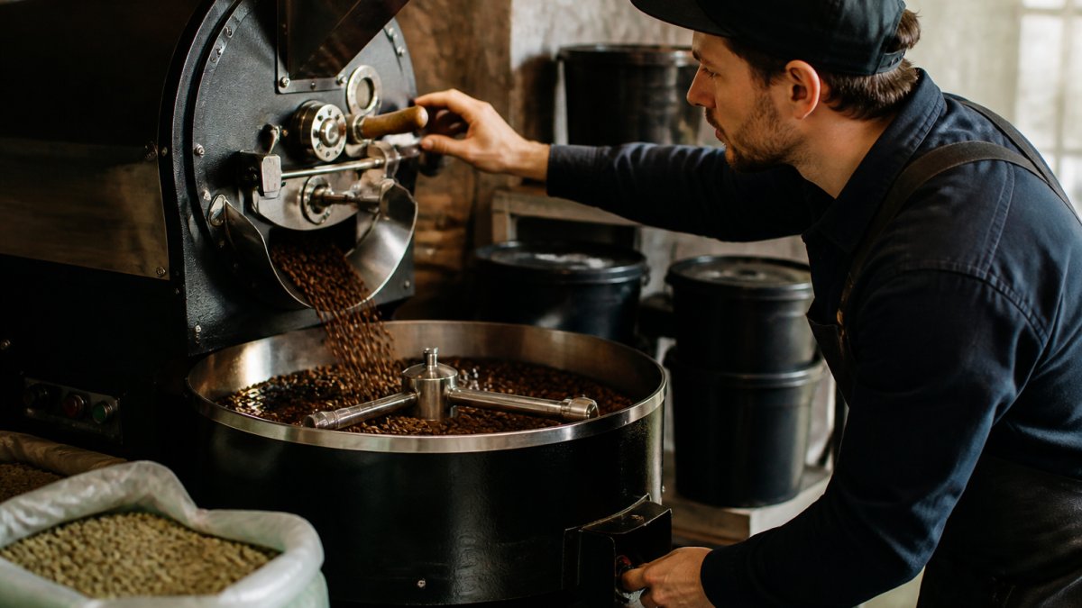 Professional artisan coffee roaster carefully monitoring beans in a drum roaster, hands adjusting heat controls while watching beans change from green to golden-brown, with focus on the roaster's concentration and the visible color progression
