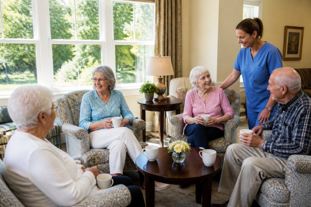 A sunlit common room in a senior living community where four older adults sit in comfortable armchairs chatting over coffee while a caregiver in scrubs smiles nearby, homelike decor and large windows