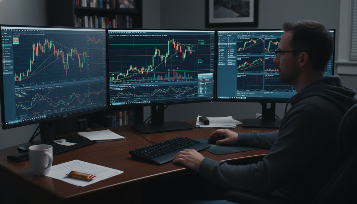 A focused trader sitting at a multi-monitor desk setup displaying MetaTrader 5 charts with candlestick patterns and live live trade activity, dimly lit home office with blue monitor glow reflecting on the trader's face