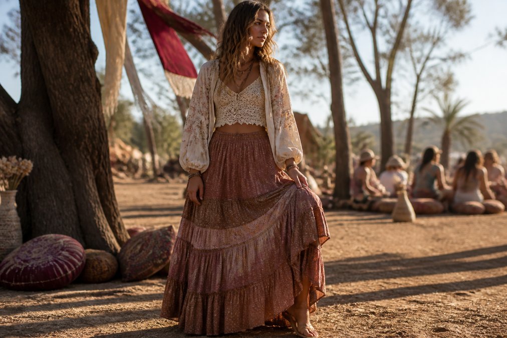 Woman wearing a tiered maxi skirt in earth tones with a crochet lace top and embroidered puff-sleeve blouse, standing outdoors in natural sunlight with layered textures visible