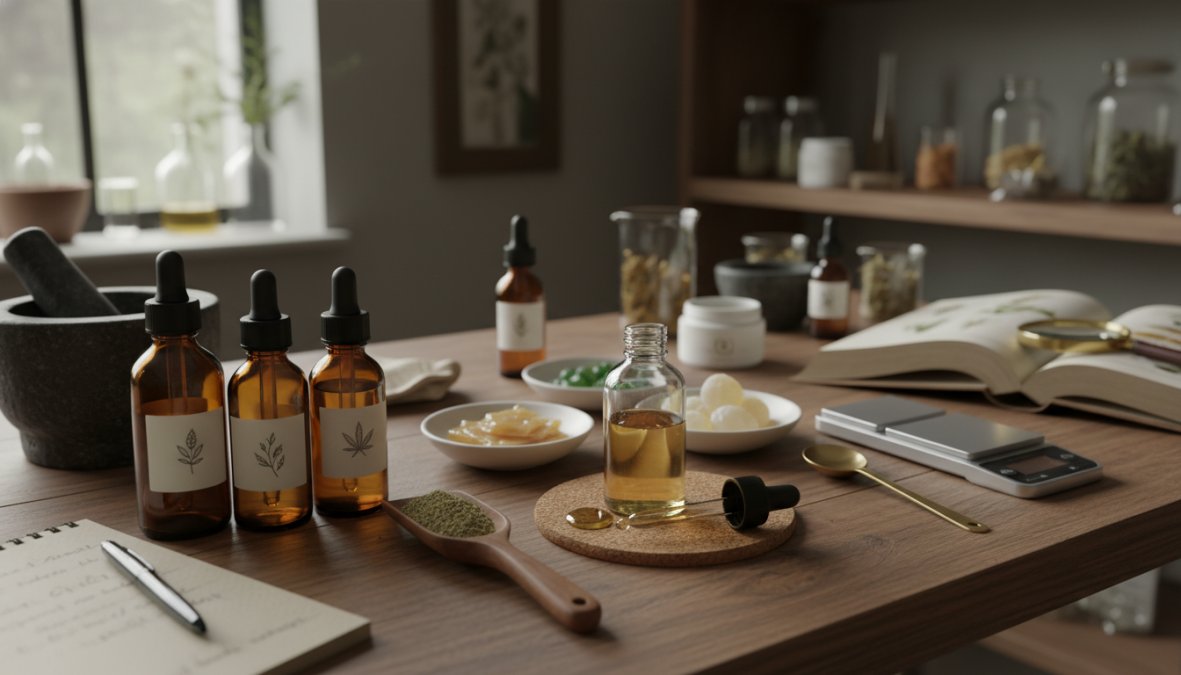 Flat lay of various broad-spectrum CBD product formats including a tincture dropper bottle, orange gummy bears, a soft gel capsule, and a white topical tube arranged neatly on a clean white marble surface with soft overhead lighting