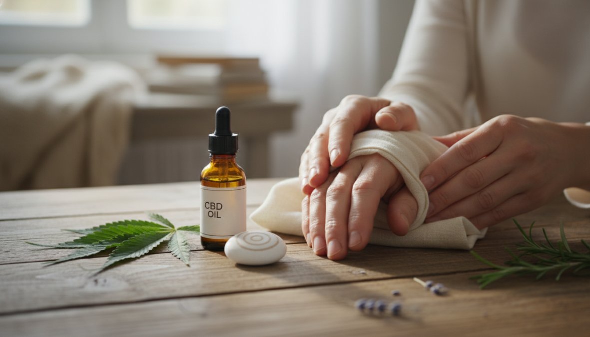Close-up of a person's hands holding a small amber glass CBD oil dropper bottle on a clean white wooden surface with soft natural lighting
