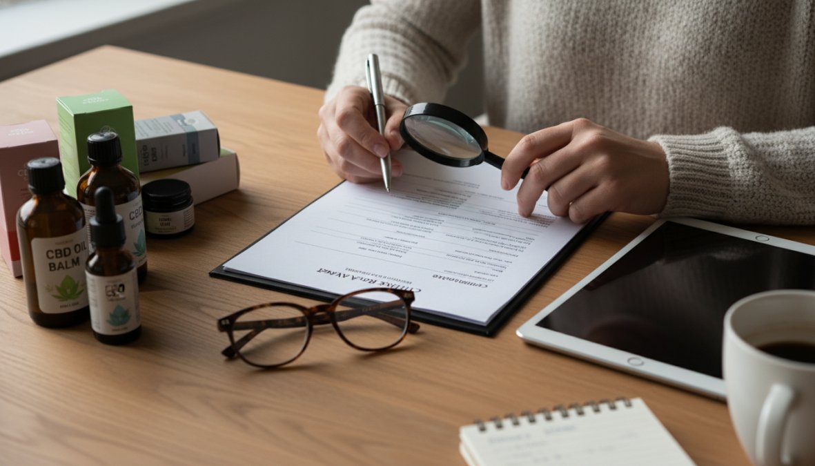 Person sitting at a desk reviewing a printed lab report document next to a laptop displaying a CBD product website, with reading glasses and a pen nearby