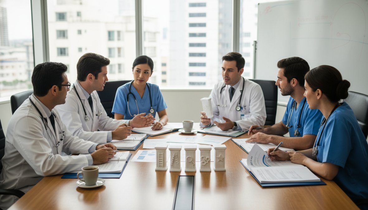 A multidisciplinary healthcare team of doctors, nurses, and administrators gathered around a conference table reviewing patient care documents in a bright hospital meeting room, with whiteboards and clinical charts visible in the background