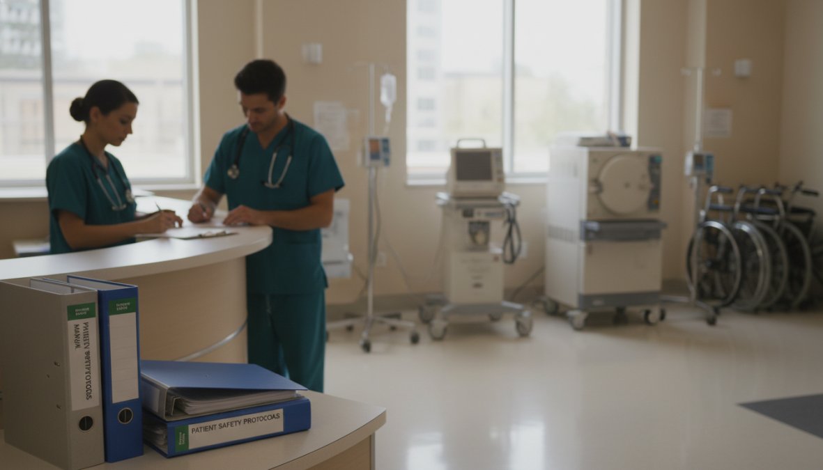 A healthcare professional in scrubs carefully reviewing a patient safety checklist on a clipboard in a clinical ward, with medical equipment and patient beds visible in the background under bright fluorescent lighting
