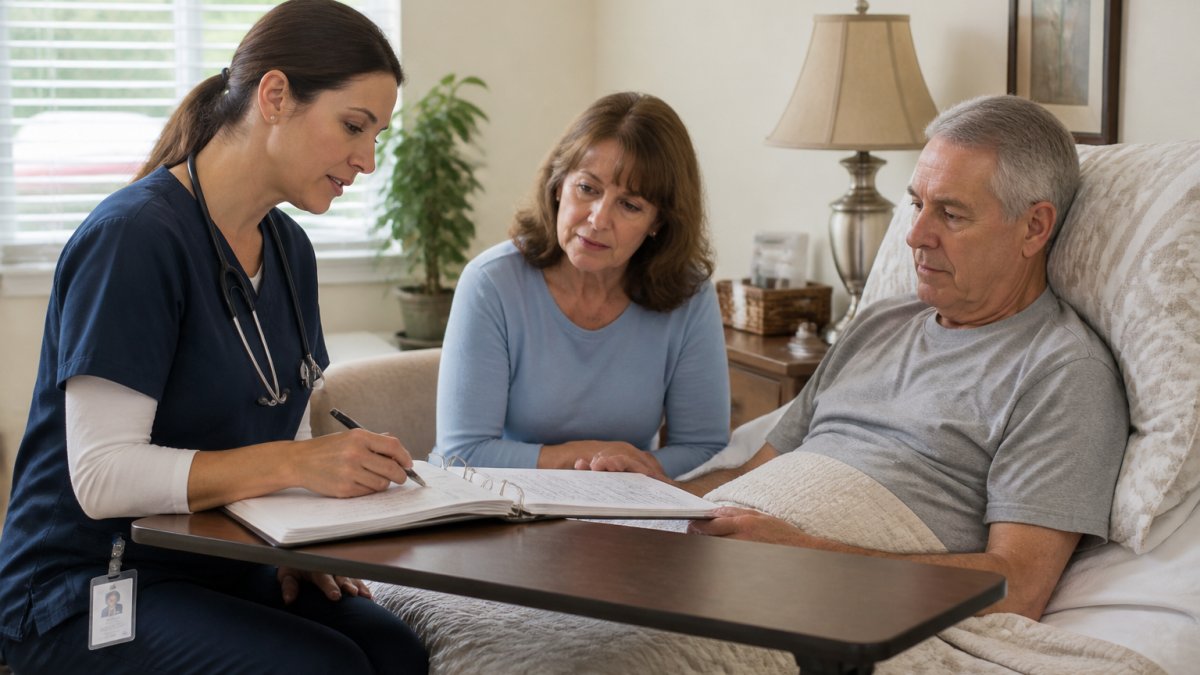 Registered nurse reviewing patient medical records at bedside table in home setting with patient and family member present