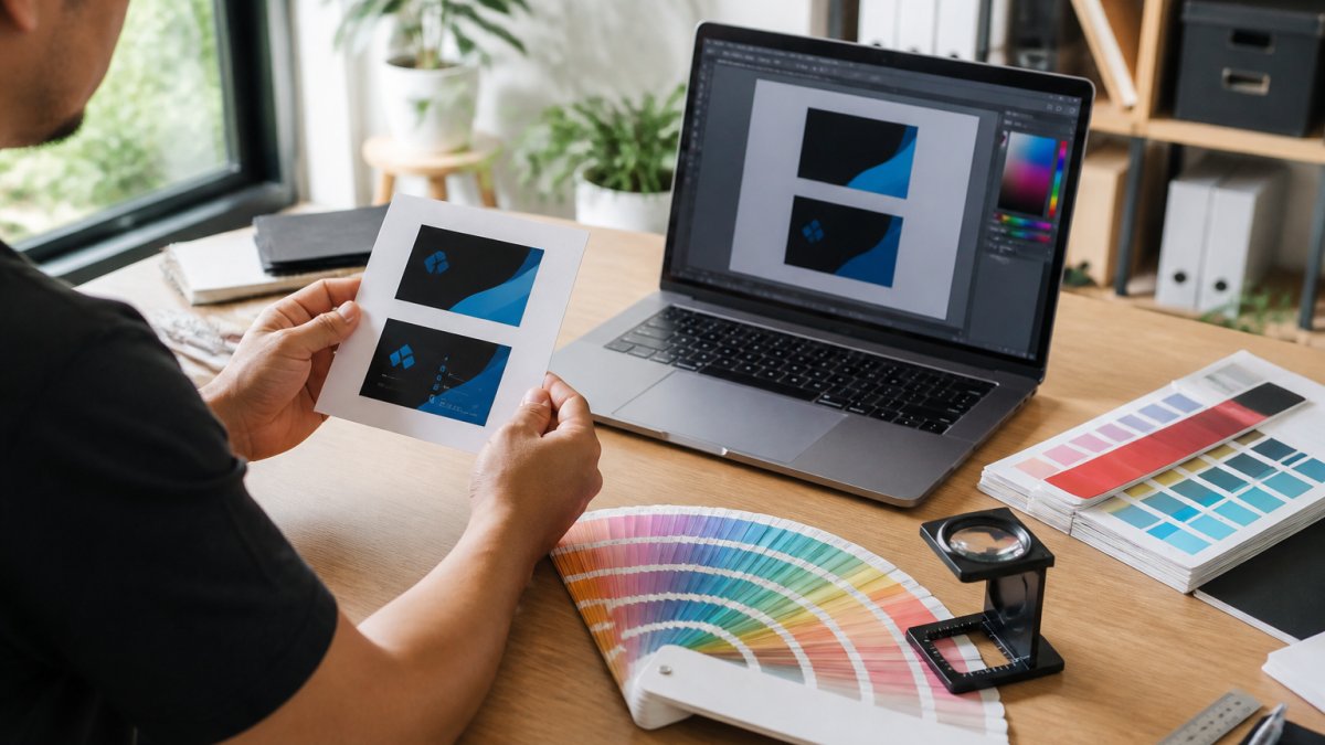 A designer at a desk reviewing a printed proof of a business card next to a laptop showing a design file, with color swatch books and a magnifying loupe nearby in a bright studio