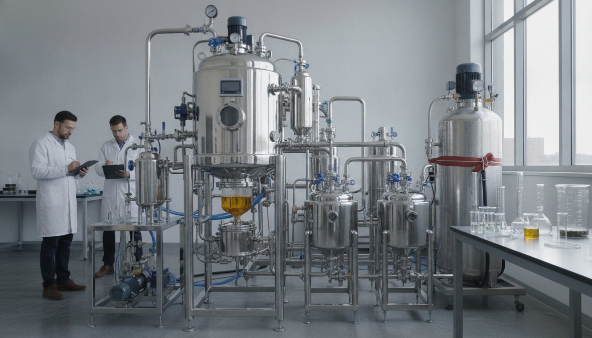 Laboratory technician monitoring CO2 extraction equipment with pressure gauges, closed-loop system components, and stainless steel extraction vessels in a professional facility