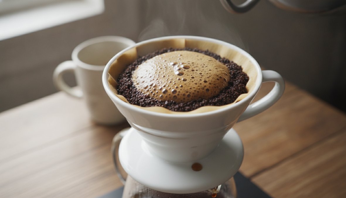 Overhead close-up of hot water being poured in a slow stream from a gooseneck kettle over coffee grounds in a ceramic pour-over dripper, with a foamy dome of CO2 bubbles rising visibly from the saturated coffee bed under warm kitchen lighting