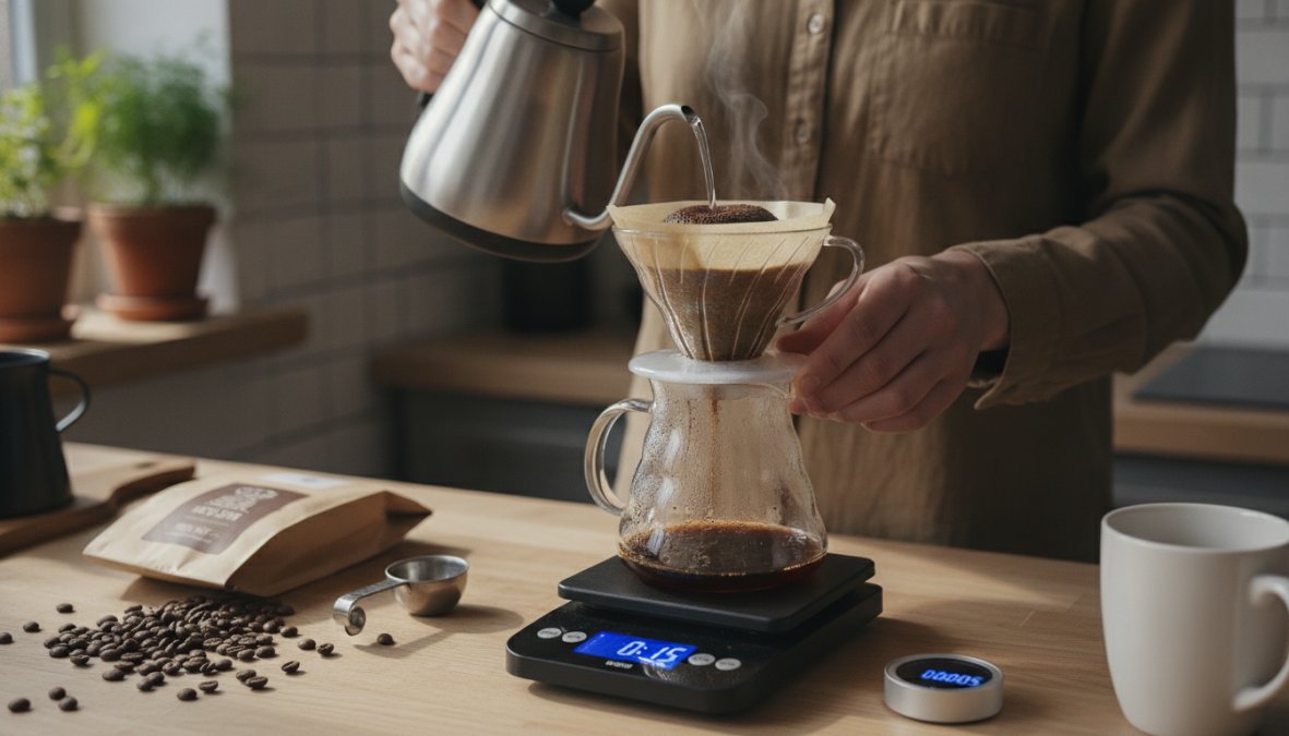 A person's hands pouring a thin, controlled stream of hot water in a slow circular motion over dark coffee grounds in a white pour-over filter, with a digital scale displaying 40g and a running timer visible on the wooden counter beside it, in a bright morning kitchen
