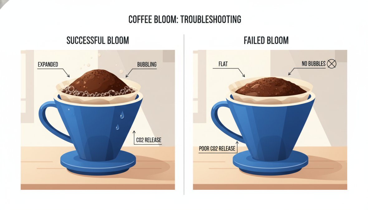 Side-by-side scene on a wooden kitchen counter of two ceramic pour-over drippers, the left showing a domed, bubbling bloom with visibly swollen dark grounds, the right showing flat, barely-wet coffee grounds with no bubbling, soft natural light from the side