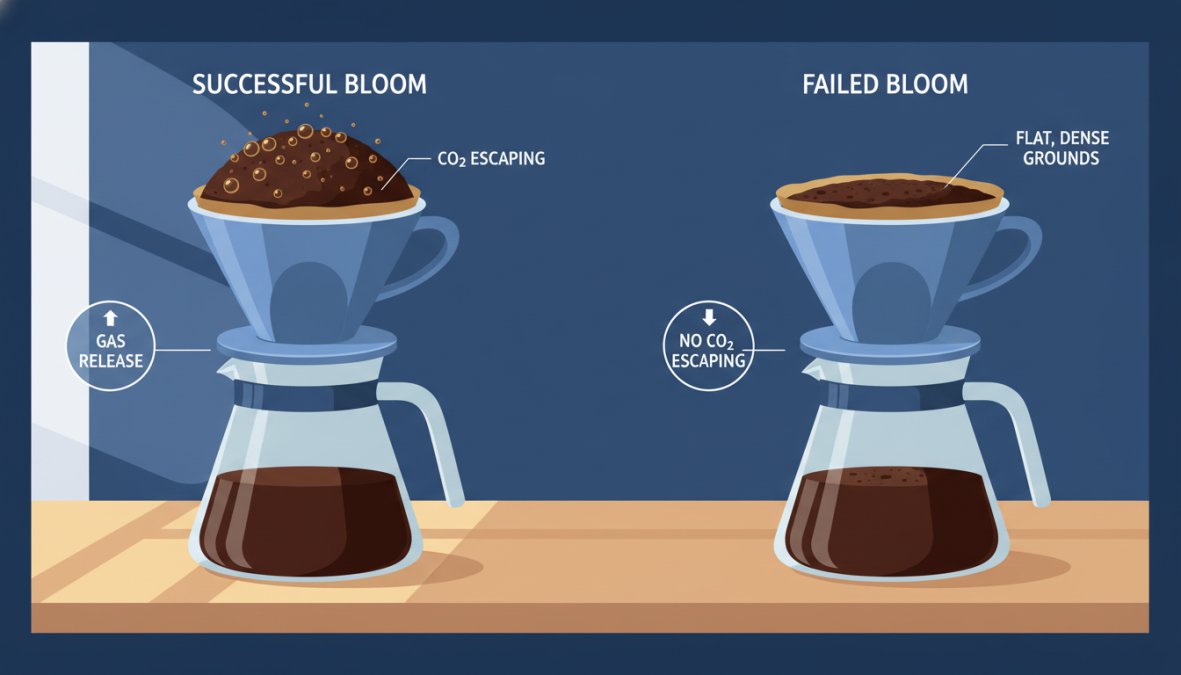 Close-up overhead shot of hot water being slowly poured from a gooseneck kettle over dark coffee grounds in a ceramic pour-over dripper, with visible bubbling and swelling of the coffee bed, warm natural light from a kitchen window