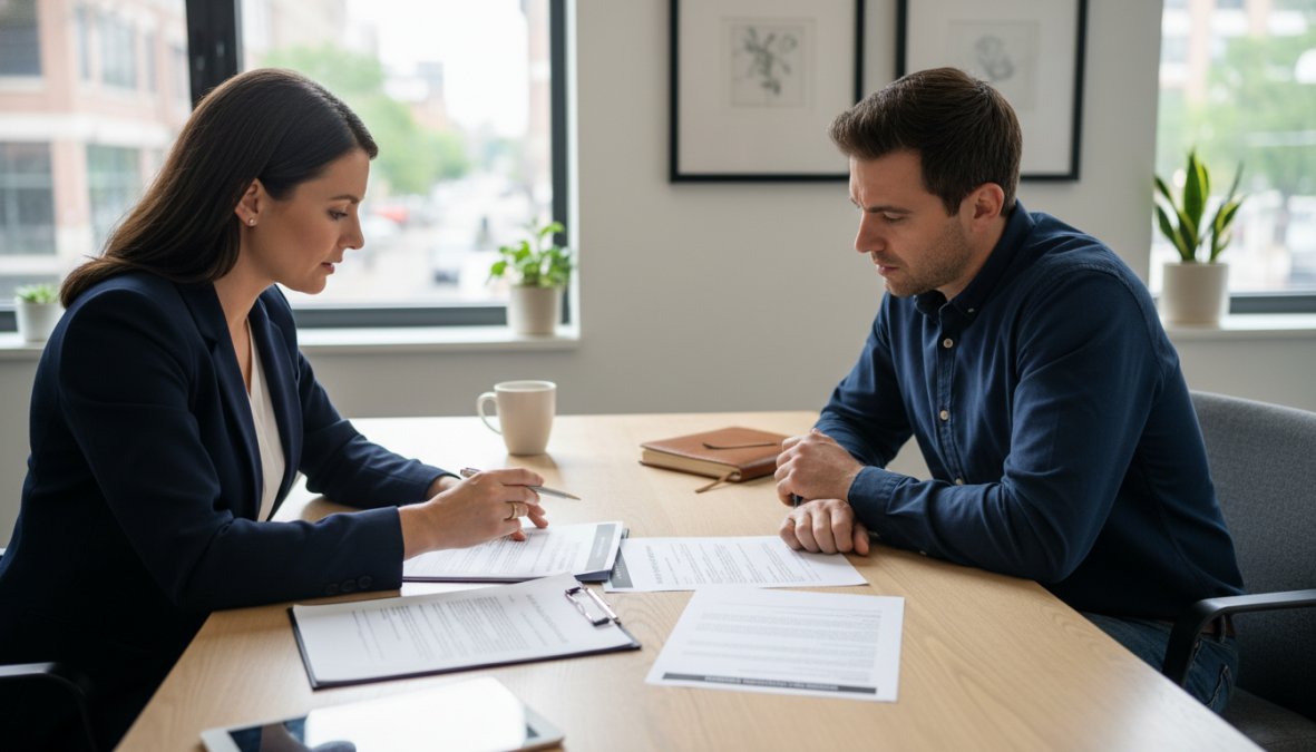 A professional insurance agent sitting across from a small business owner at a desk, reviewing printed policy documents with reading glasses and a pen in a modern office with warm overhead lighting