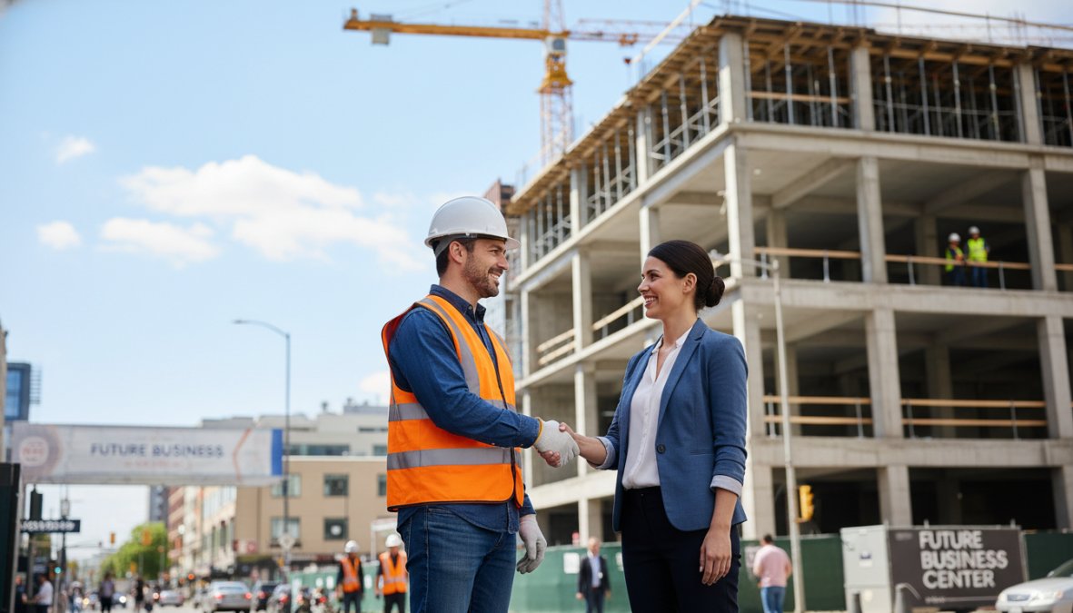 A contractor wearing a hard hat and bright orange safety vest shaking hands with a business owner outside a commercial building under construction on a sunny afternoon in an urban setting