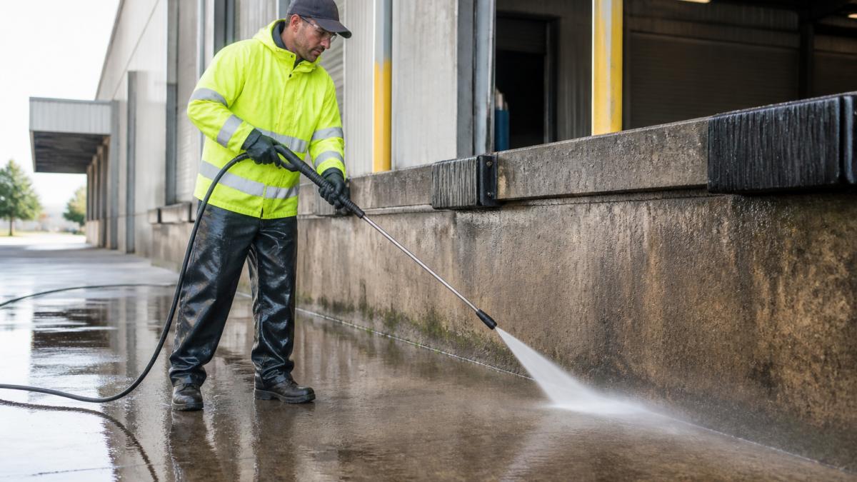 A commercial pressure washing technician in safety gear cleaning a concrete loading dock area with a high-pressure hose, water spray visible, industrial building in background