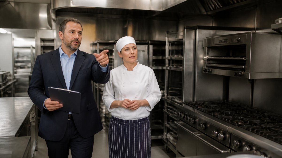 Insurance agent and restaurant owner reviewing kitchen equipment for commercial property insurance coverage