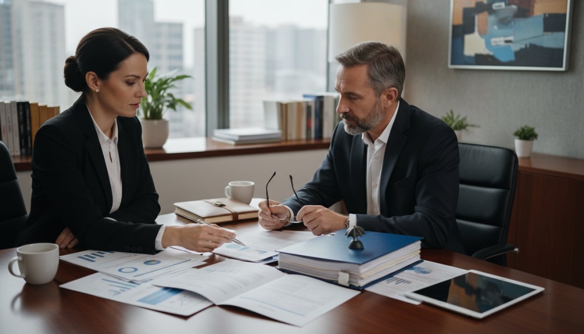 A business owner and insurance agent sitting across a desk reviewing policy documents together in a professional office setting, warm overhead lighting, papers and a laptop visible on the desk