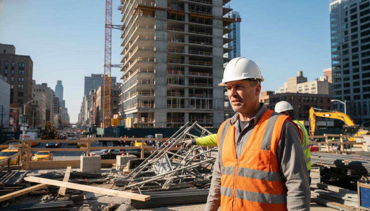 A construction worker wearing a bright orange hard hat and safety vest reviewing blueprints at an urban job site, midday sunlight, scaffolding visible in the background