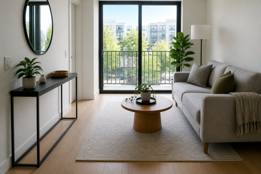 A bright compact apartment living area in Richmond with a slim console table against the wall, a round coffee table, and a small sofa arranged to leave clear walkways, natural light from a balcony window, indoor plant, no people