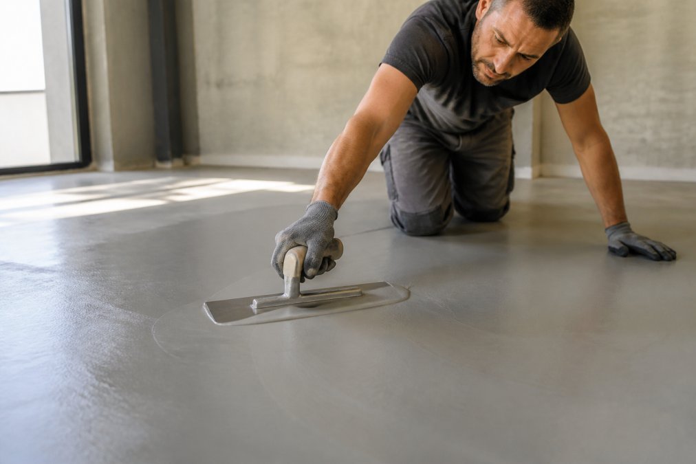 Professional applicator demonstrating trowel technique while applying microtopping finish to concrete surface, showing smooth, controlled motion with stainless steel trowel in natural workshop lighting