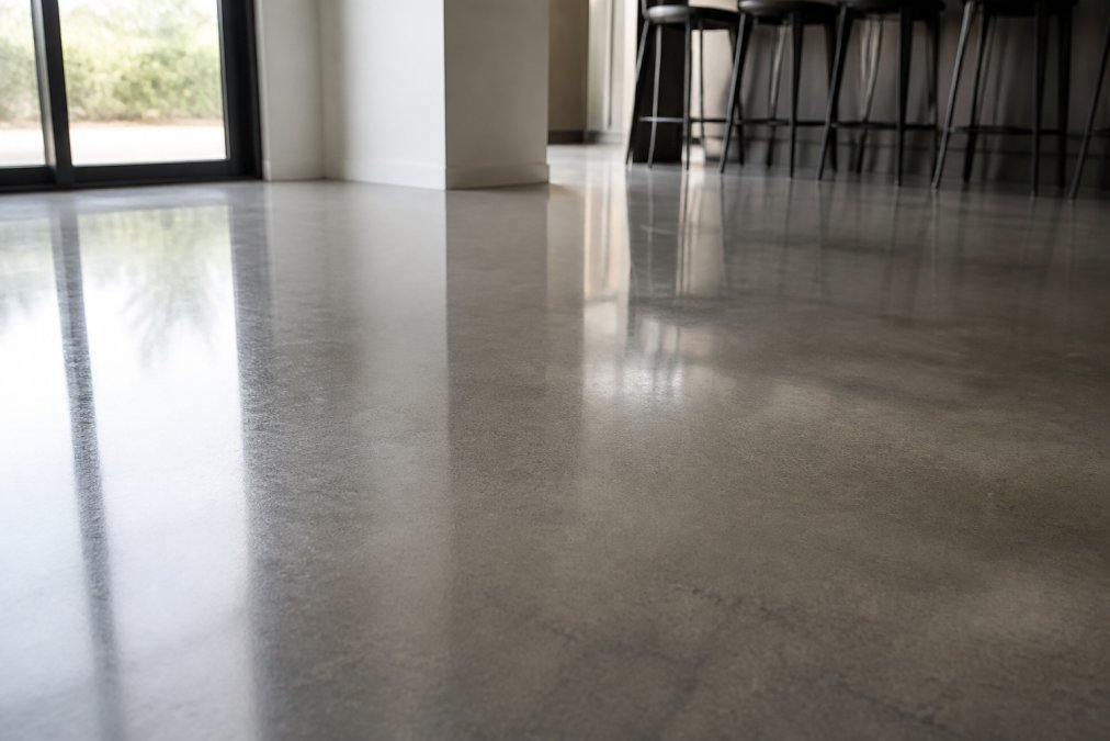 Close-up of finished microtopping floor with protective sealer showing smooth, polished aesthetic with natural light reflection on the surface