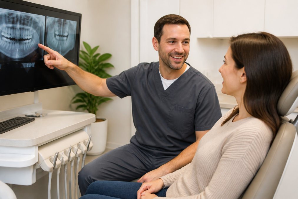 Dentist reviewing X-rays with a patient to explain the process of conservative dental care in a modern clinic