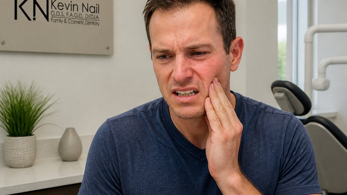 Infographic showing common signs of a dental emergency like jaw pain and facial swelling to watch for