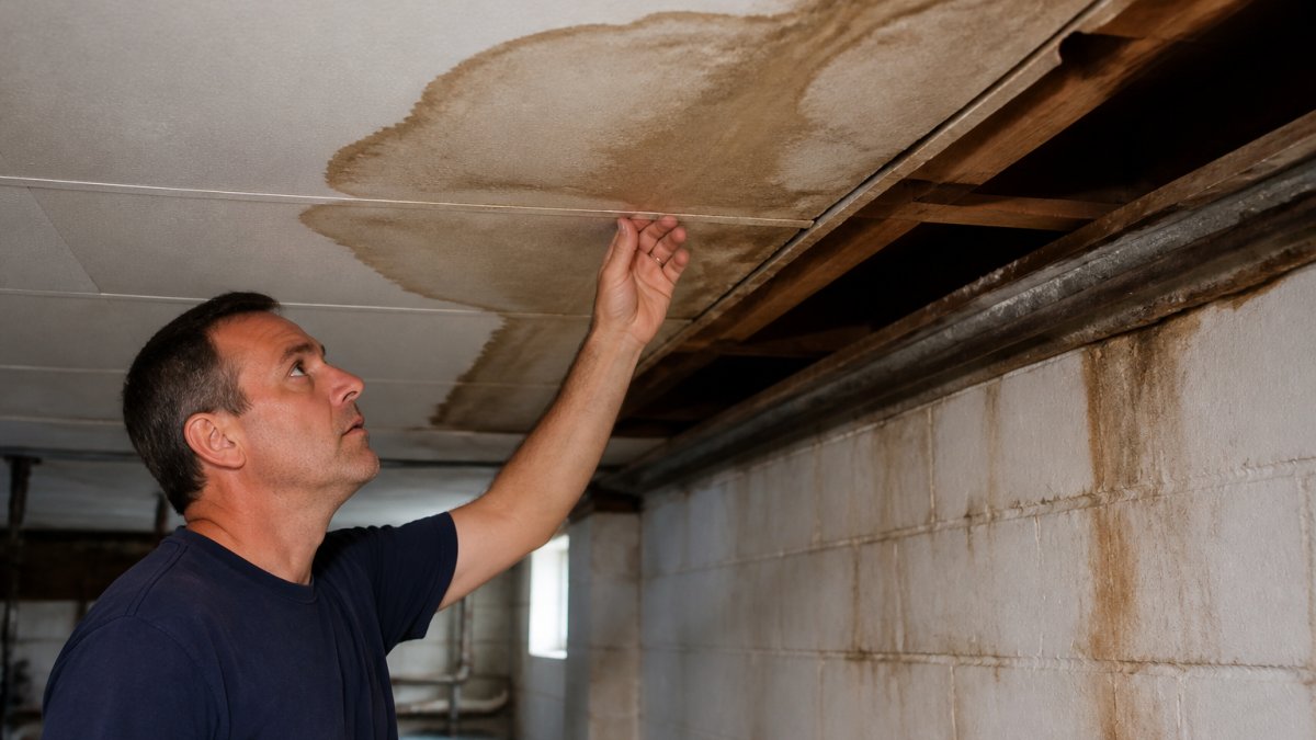 Homeowner inspecting visible water damage and wet ceiling drywall in basement area with water staining and discoloration