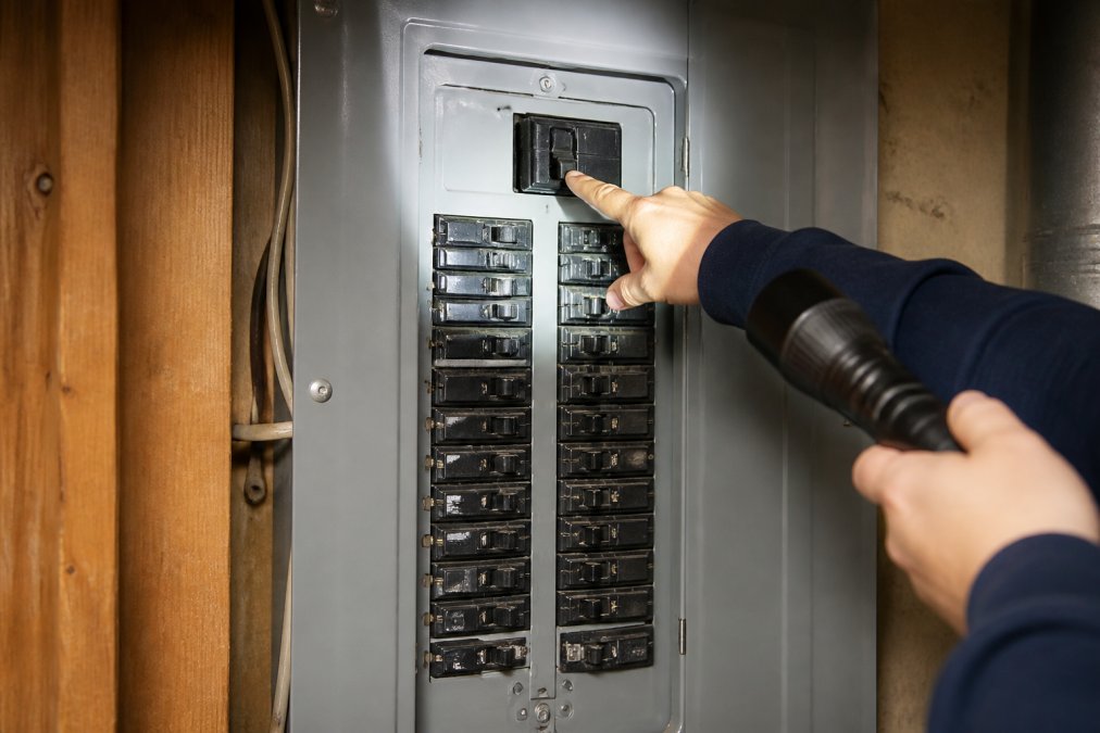 Homeowner using a flashlight to locate the main breaker during an electrical emergency in a service panel
