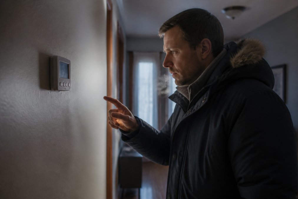 Homeowner wearing a winter coat indoors while needing emergency HVAC repair due to a freezing thermostat.