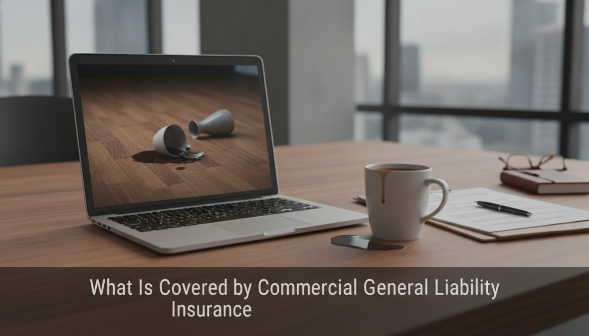 A business owner in a collared shirt reviewing insurance documents at a clean office desk, laptop open beside a cup of coffee, warm natural light coming through a window behind them