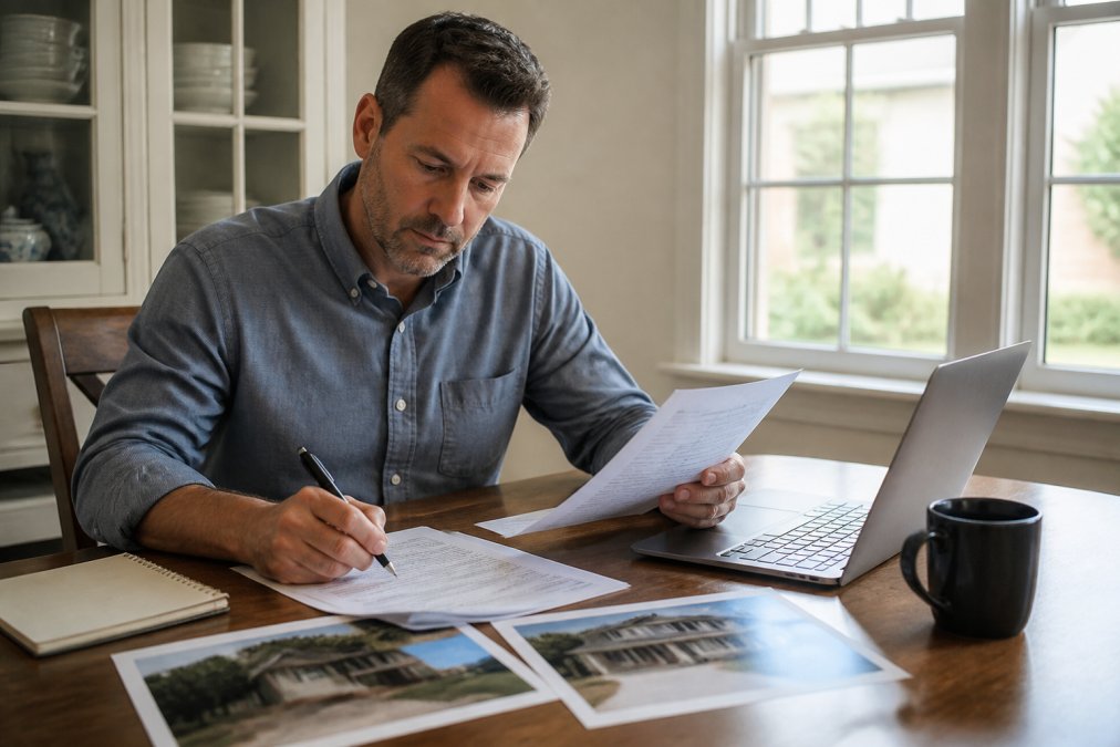 Homeowner reviewing insurance documents and property photos at a dining table with a laptop, pen, and cup of coffee, natural window lighting illuminating the workspace