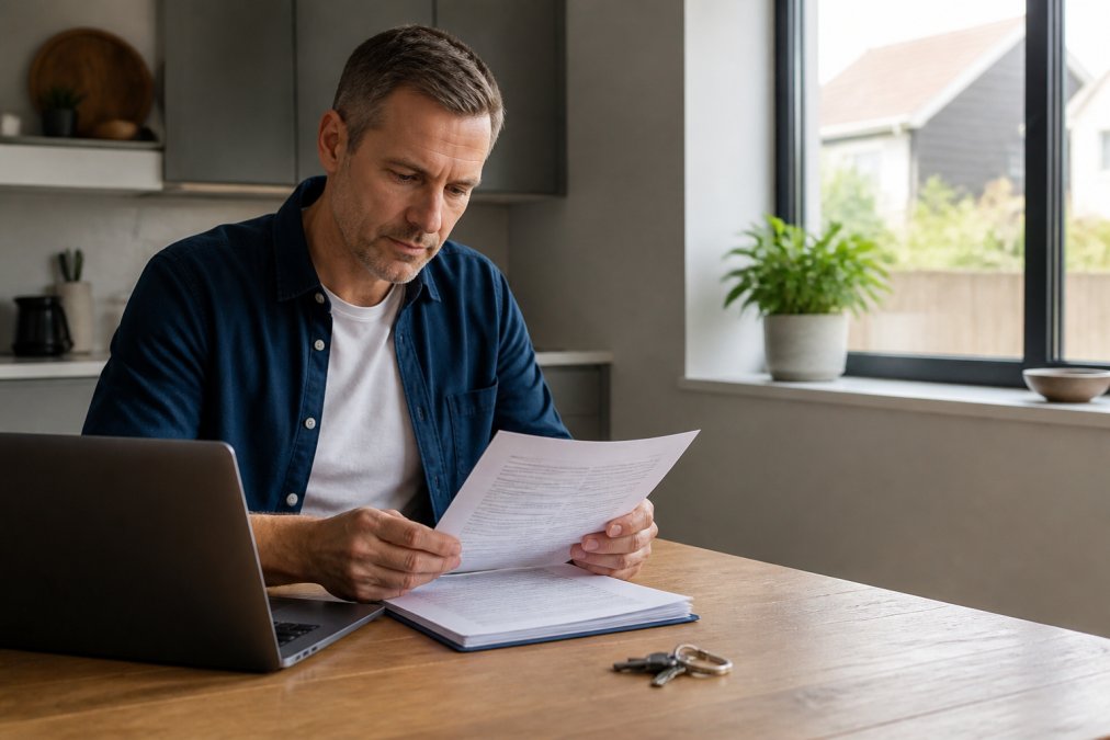 A homeowner reviewing a new build warranty document at a kitchen table, with a laptop and house keys nearby, natural daylight through a window