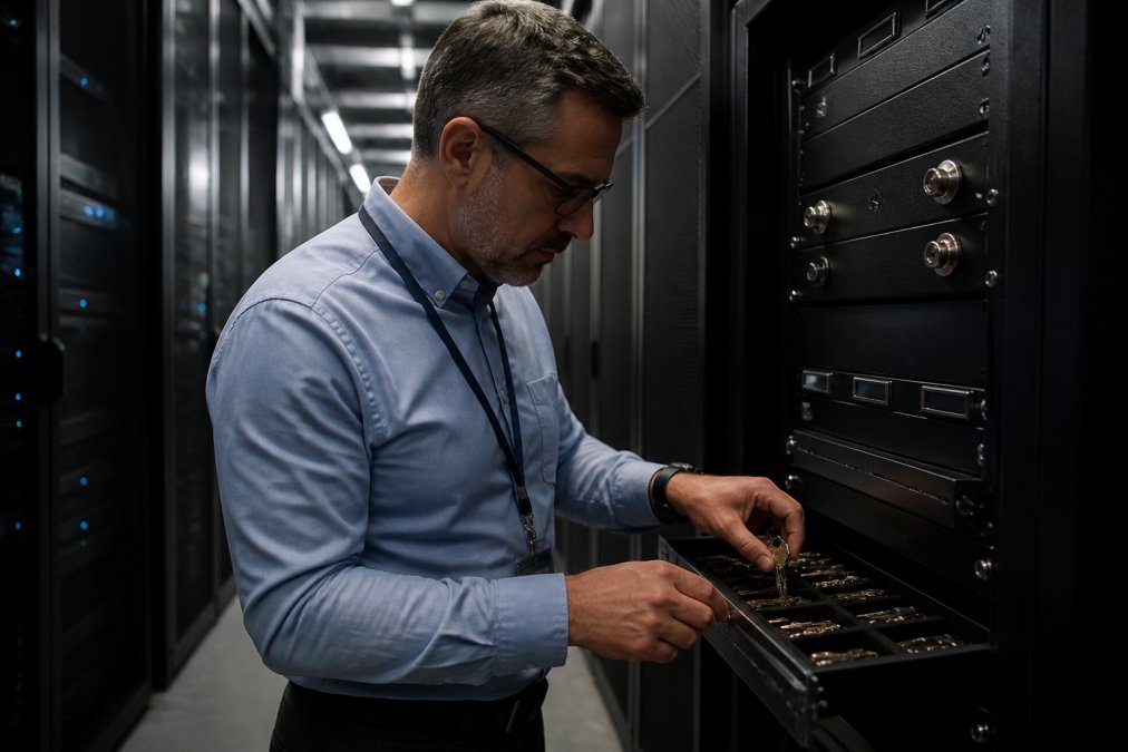 Security architect monitoring cryptographic authorization dashboards in a dimly lit operations center