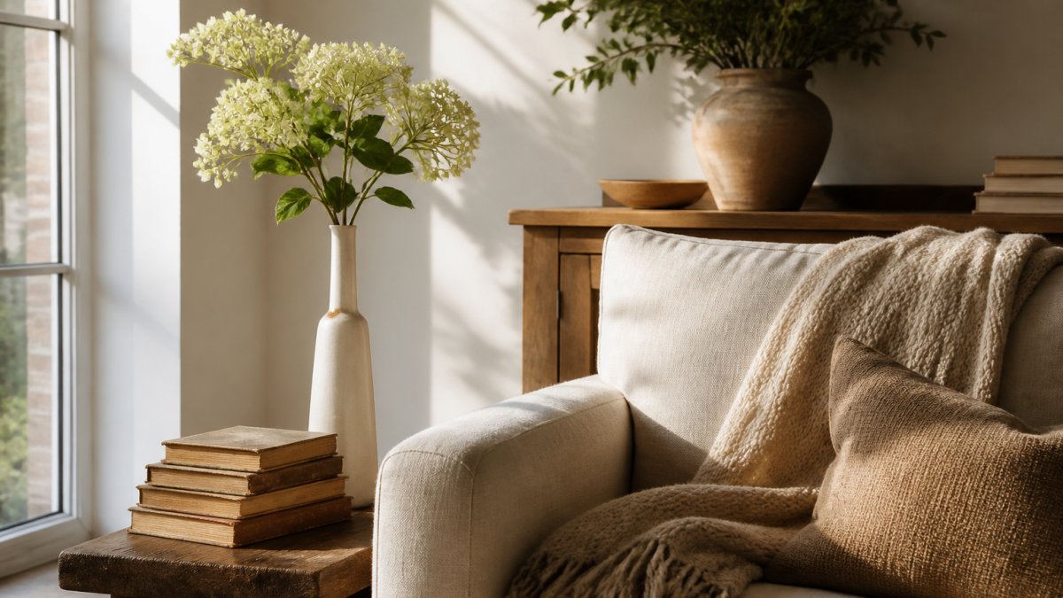 A sunlit living room corner styled with a slim porcelain vase holding a single bouquet, a stack of vintage books, and a textured throw draped over a linen sofa, showing a calm, collected look