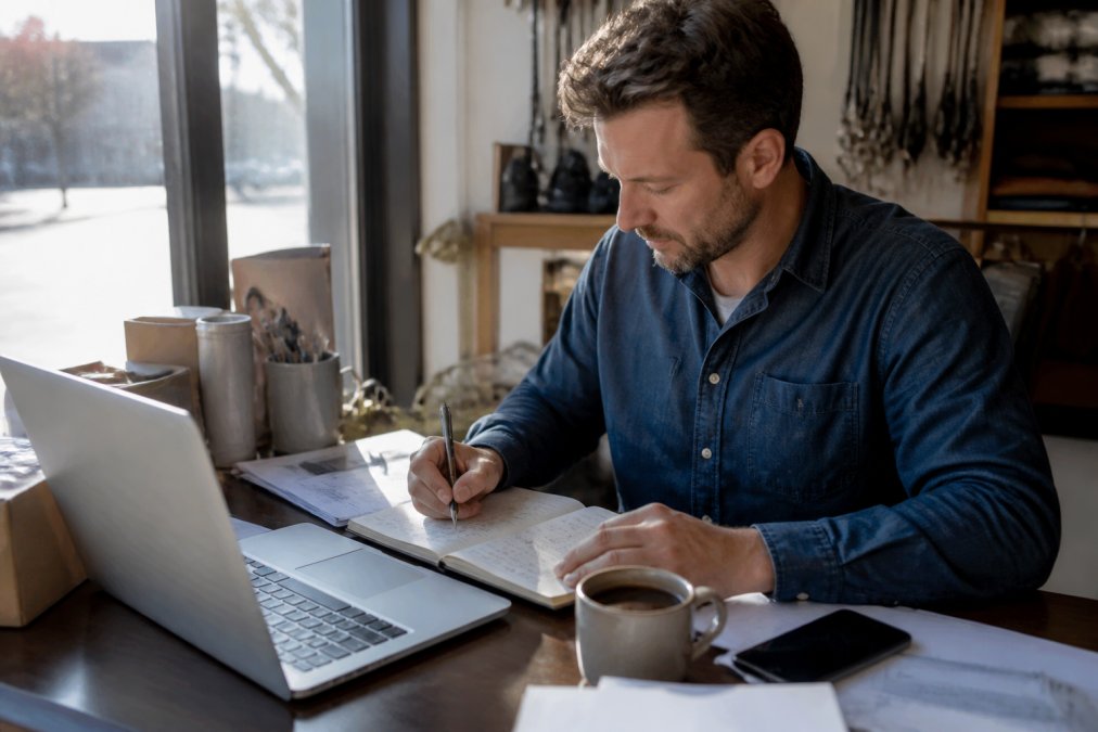 Six-step framework diagram for data-driven decision making on a retail business owner's desk laptop.