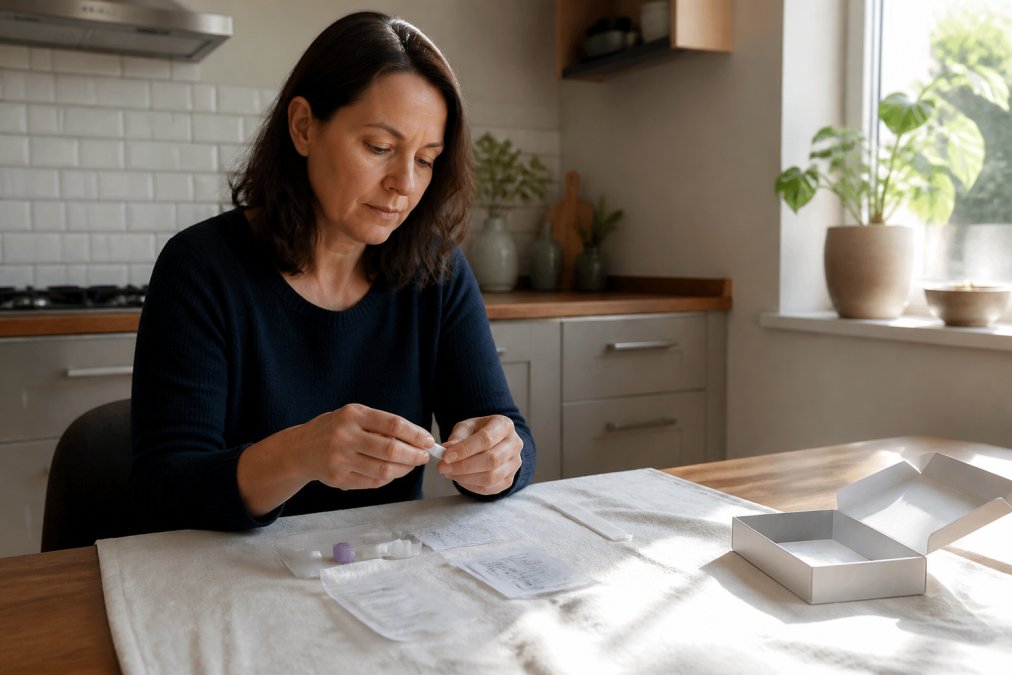 Step-by-step process of using a home diagnostic kit with a lancet and sample card on a kitchen table