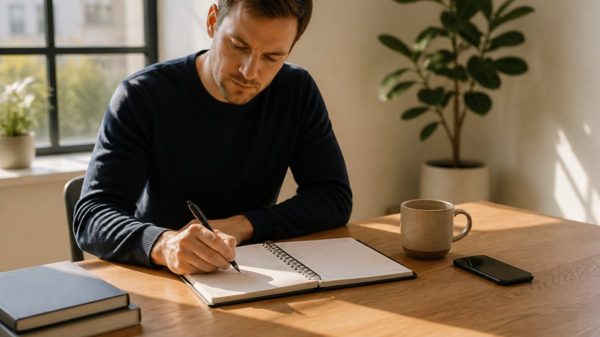 Professional working at desk with planner and coffee, focused expression, morning light, minimalist workspace with phone on silent