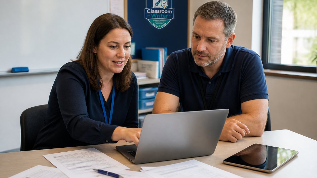Teacher and IT coordinator planning a digital assessment transformation on a laptop in a classroom