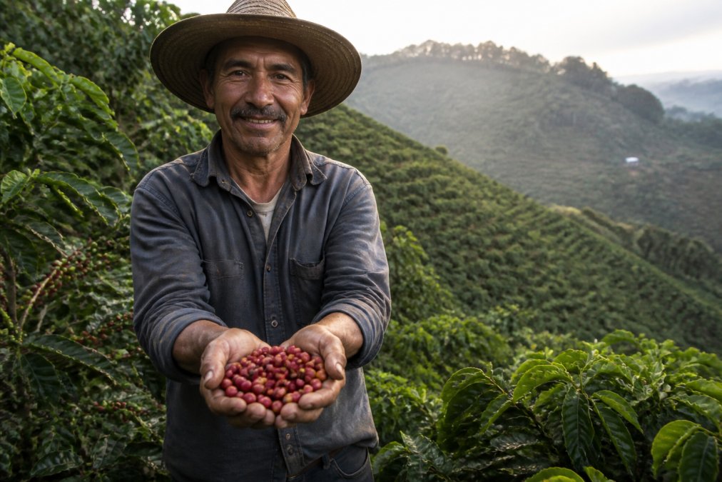 A coffee farmer in Nicaragua holding freshly harvested red coffee cherries in both hands, with a lush green plantation sloping into the background under soft morning light