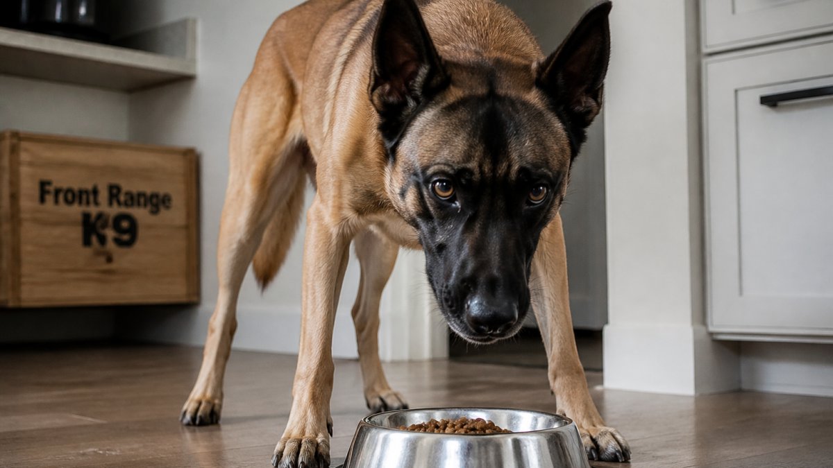 Dog with stiffened posture and hard stare hovering over a food bowl, showing tension in body language