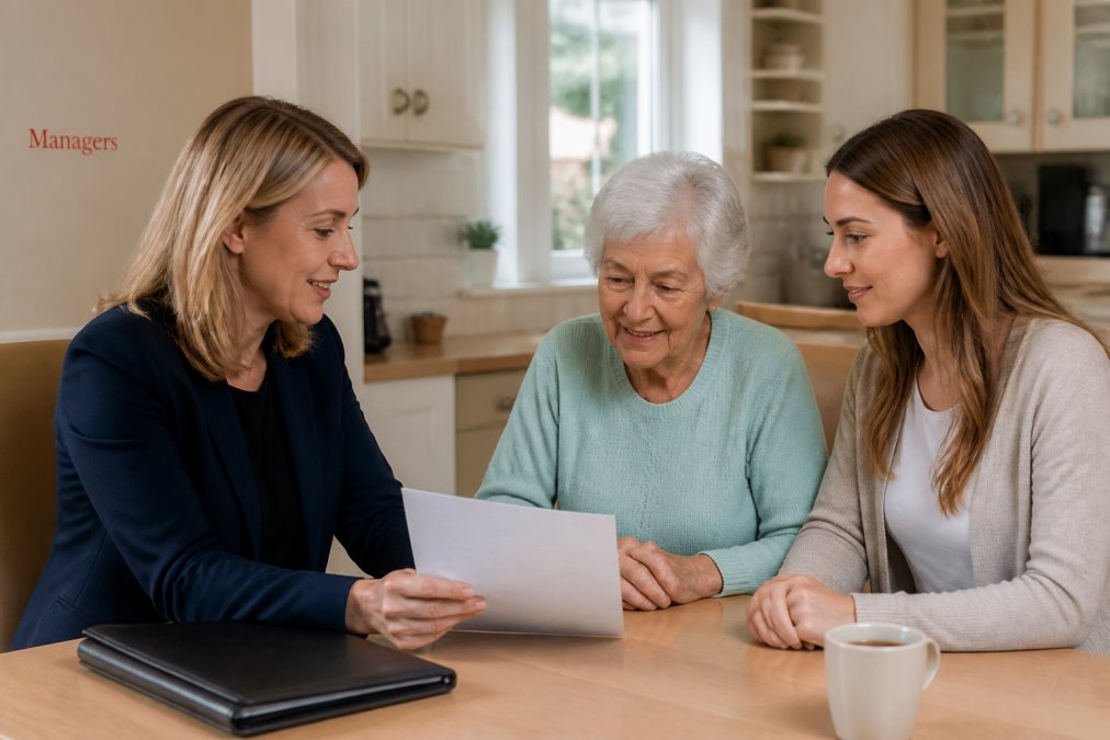 Infographic flowchart showing the step-by-step process to arrange domiciliary care with a care manager and family.