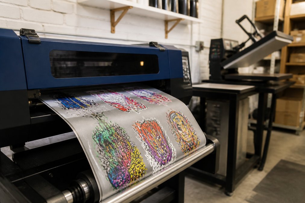 Close-up of a DTF printer in a small print shop producing a colourful transfer sheet, with a heat press visible in the background
