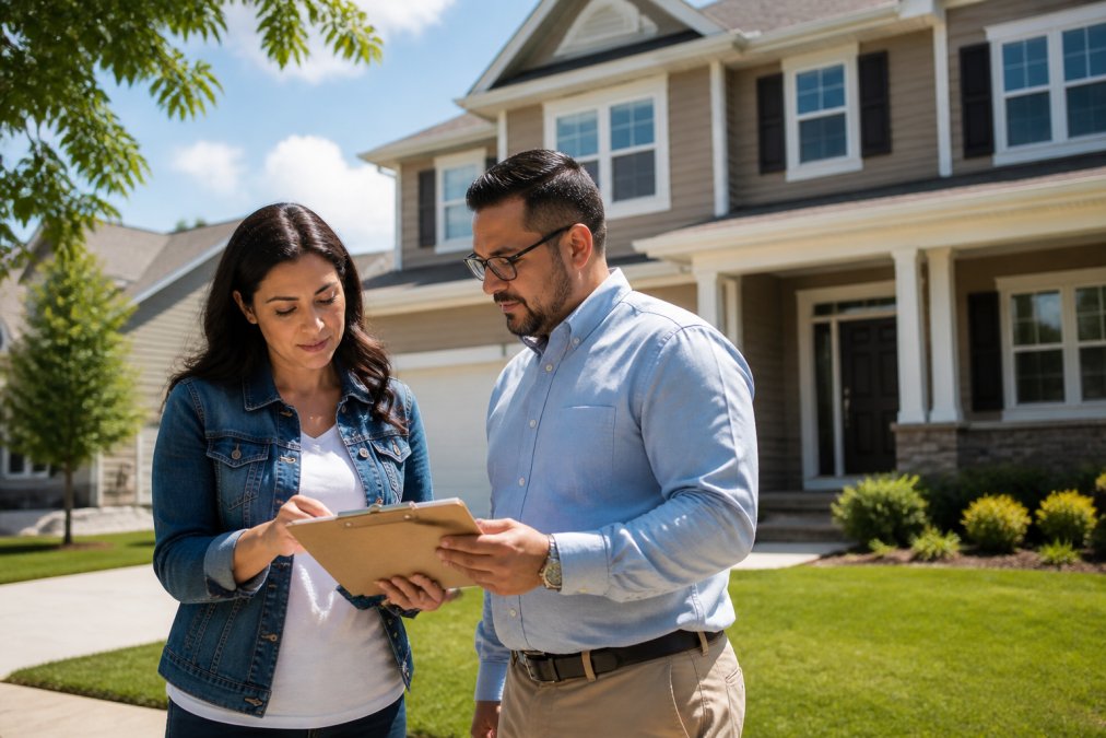 A homeowner standing in front of their two-story house, reviewing a policy document on a clipboard with an insurance agent on a sunny afternoon