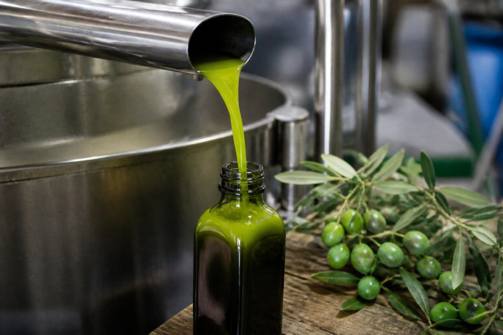 Close-up of freshly pressed, cloudy green olive oil being poured from a stainless steel tap into a dark glass bottle, with green olives and leaves on a wooden bench beside it
