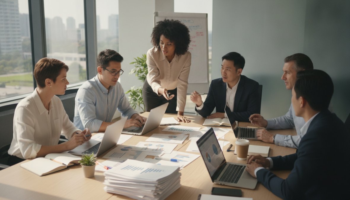 A diverse team of four professionals gathered around a conference table with open laptops and printed workflow reports, actively discussing process improvements, pointing at documents, in a bright modern corporate meeting room