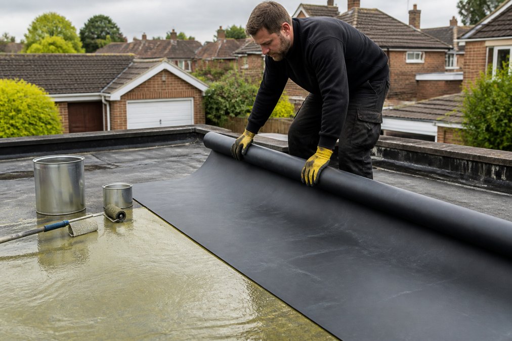 Roofing contractor unrolling a black EPDM roofing membrane across a flat garage roof surface
