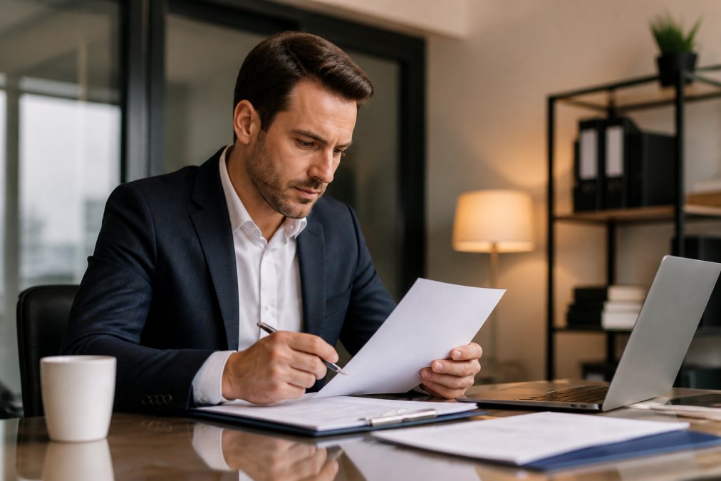A professional consultant in business attire reviewing a contract document at a clean office desk, with a laptop and coffee cup nearby, under warm office lighting