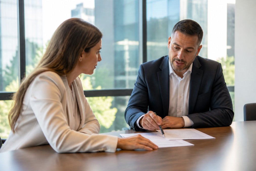 Two business professionals sitting across from each other at a conference table, one gesturing toward printed documents in a formal review discussion, with natural light from large windows