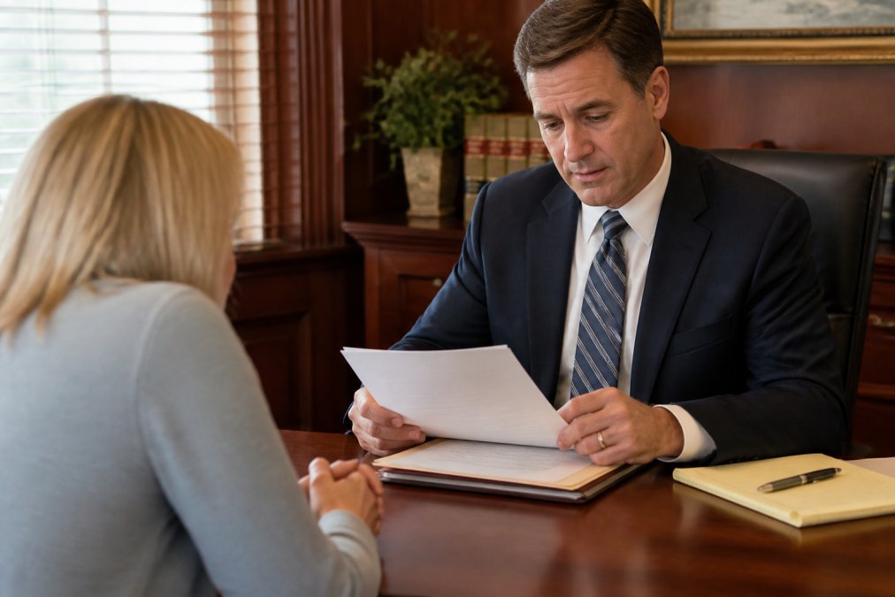 A lawyer in professional attire reviewing legal documents with a client across a desk in a warm, wood-paneled office, with a notepad and pen visible